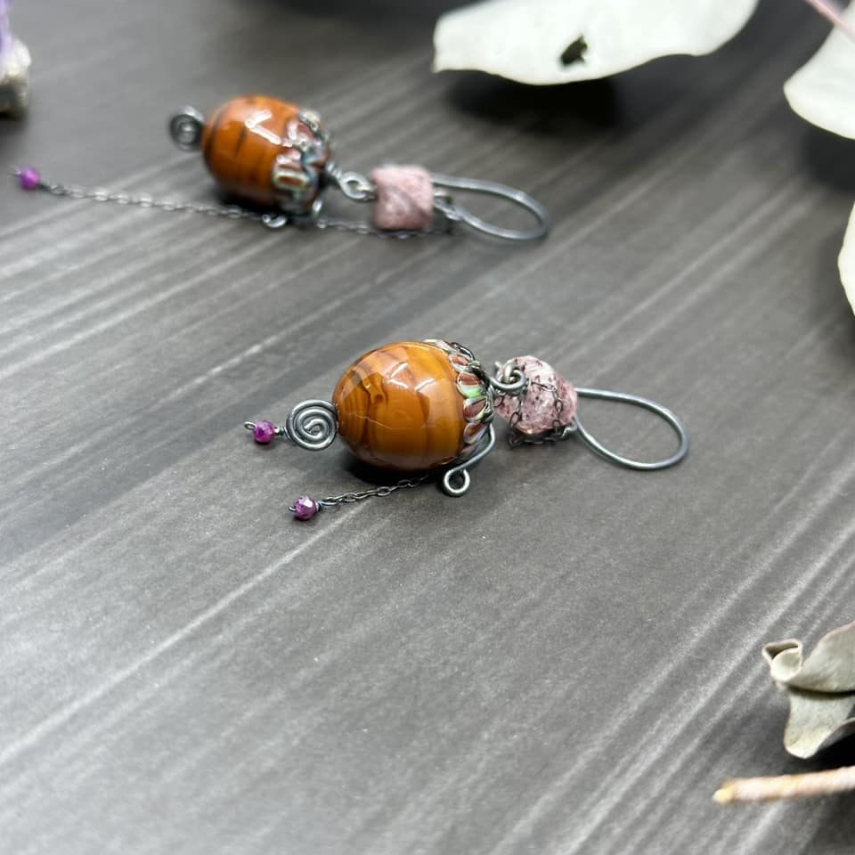 Strawberry Quartz, ruby, and artisan glass acorn earrings