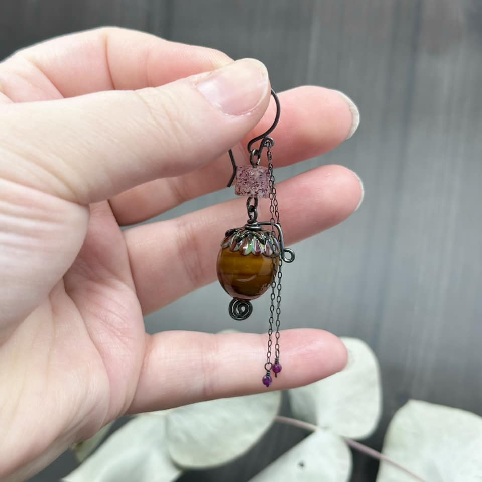 Strawberry Quartz, ruby, and artisan glass acorn earrings