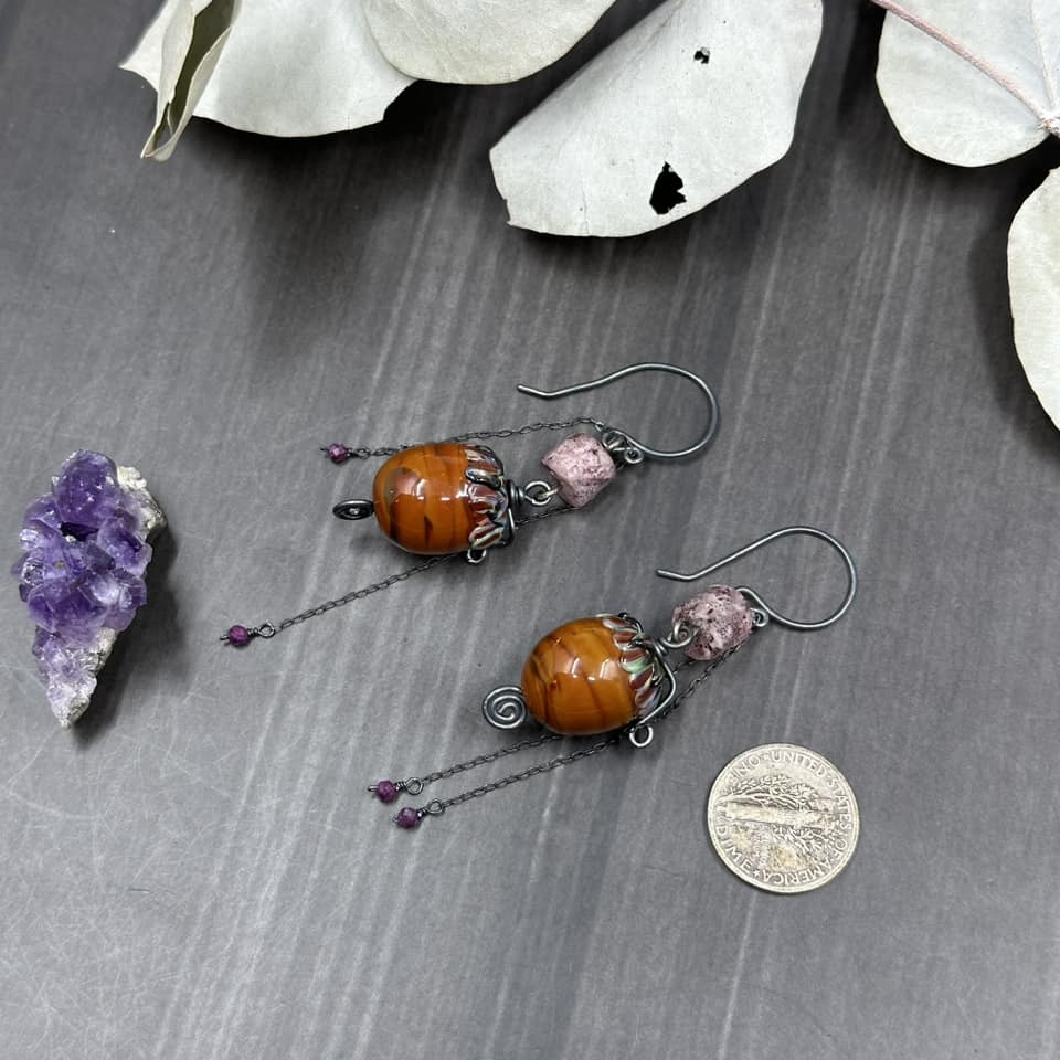 Strawberry Quartz, ruby, and artisan glass acorn earrings