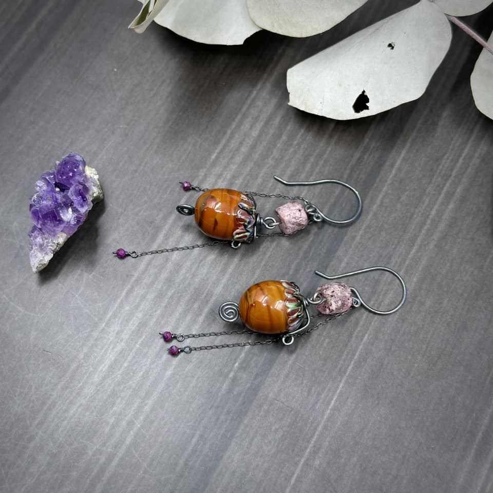 Strawberry Quartz, ruby, and artisan glass acorn earrings