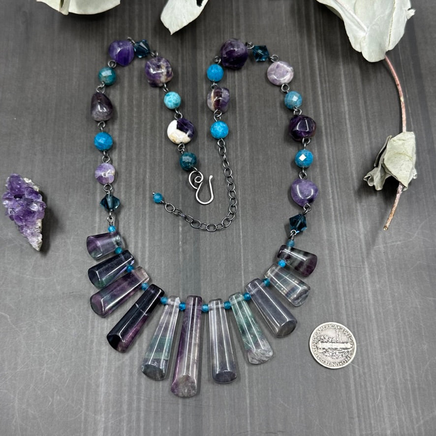 Amethyst, Fluorite, Apatite, and Sterling Silver Statement Necklace