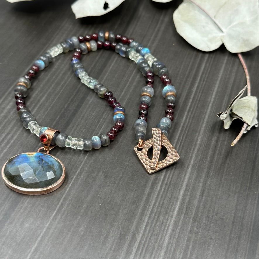Labradorite, Garnet, and Prasiolite Necklace in Copper