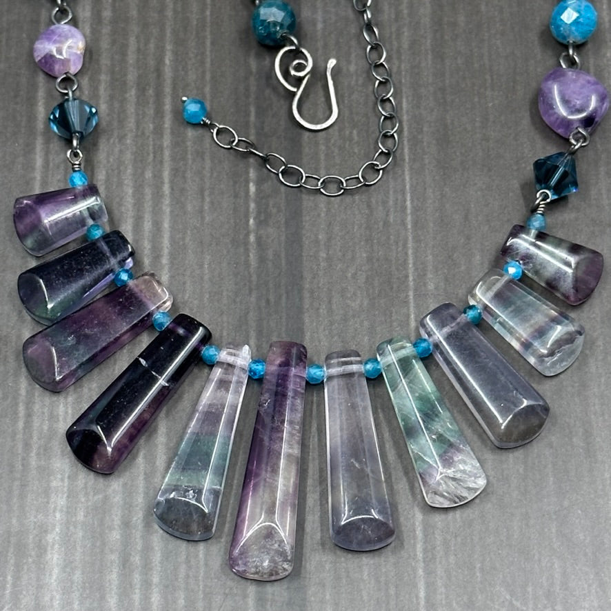 Amethyst, Fluorite, Apatite, and Sterling Silver Statement Necklace