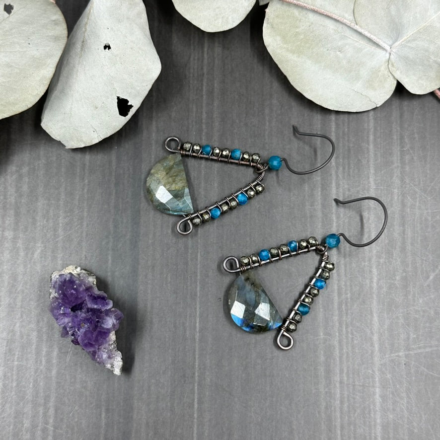 Half moon Labradorite Focal Earrings with Apatite and Pyrite in Copper