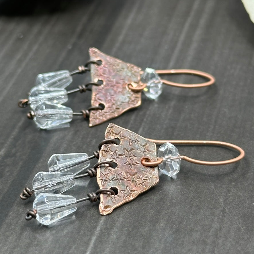 Copper Rustic Star Lightweight Earrings with Czech Glass