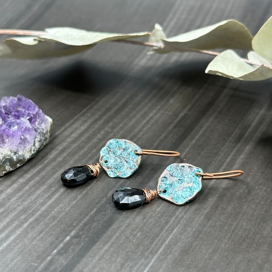 Copper blue moon earrings with black spinel