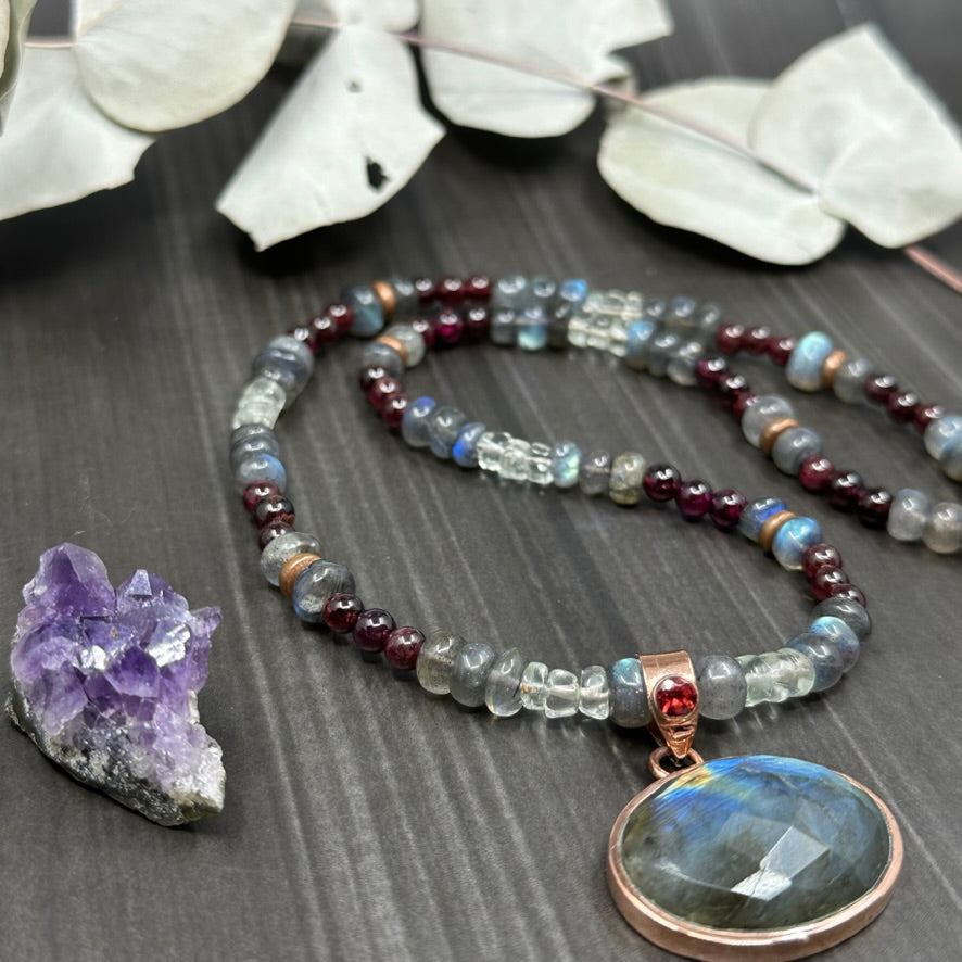 Labradorite, Garnet, and Prasiolite Necklace in Copper