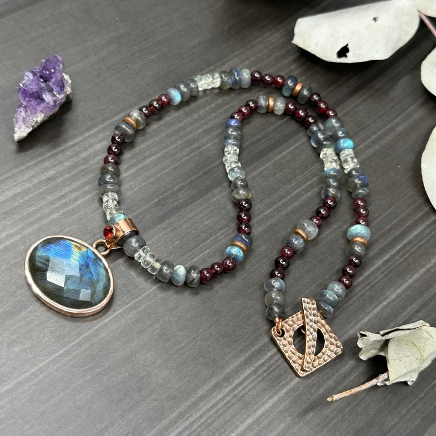 Labradorite, Garnet, and Prasiolite Necklace in Copper