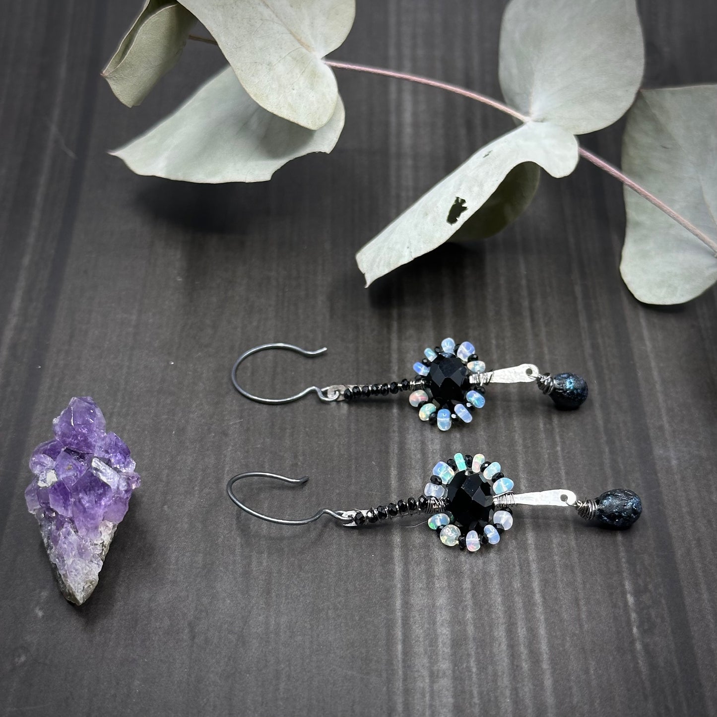 Opal, black spinel, glass, and sterling silver earrings