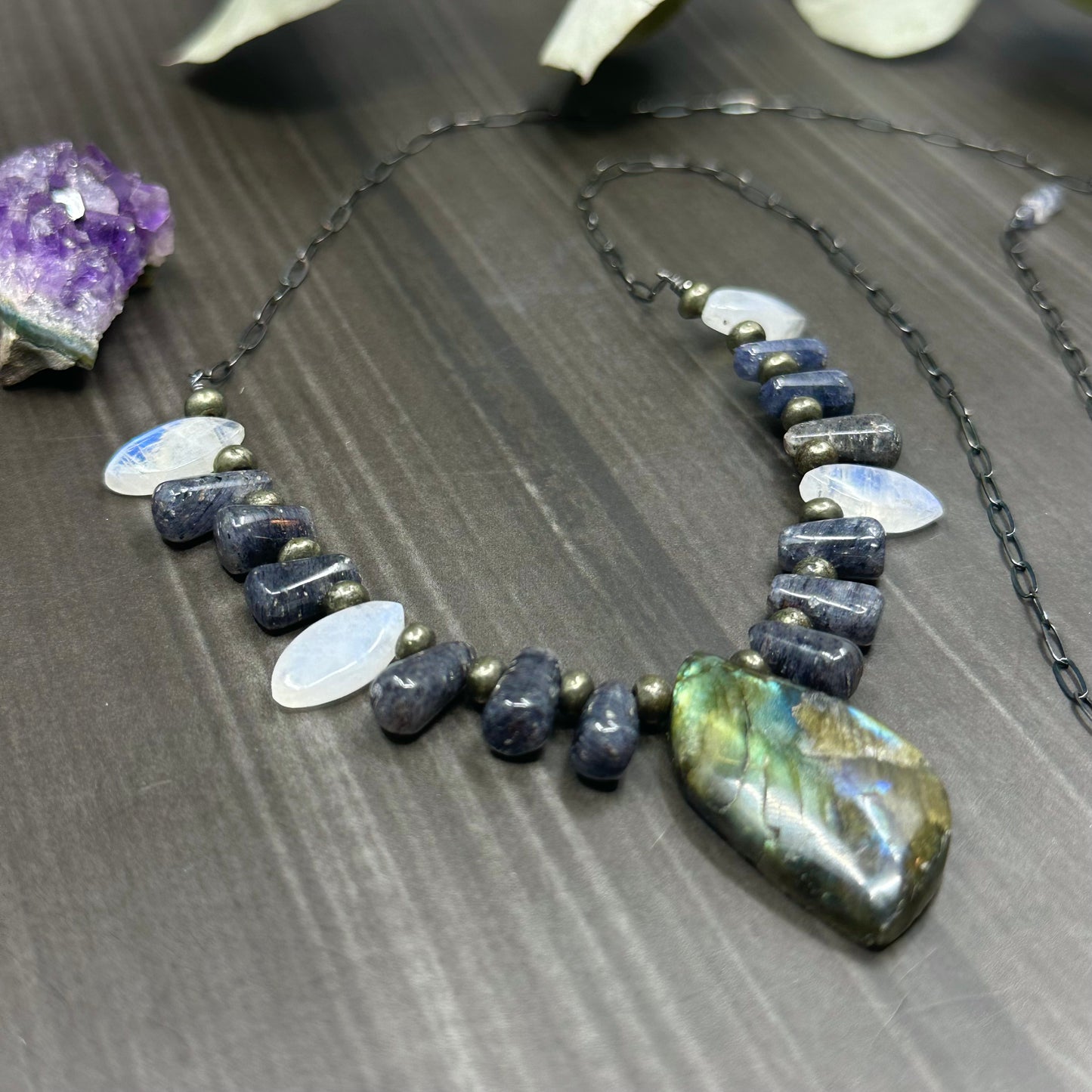 Rainbow moonstone, labradorite, iolite, pyrite, and sterling silver necklace