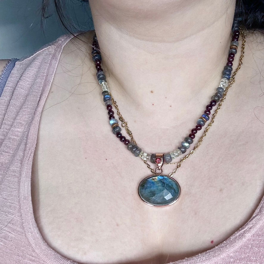 Labradorite, Garnet, and Prasiolite Necklace in Copper