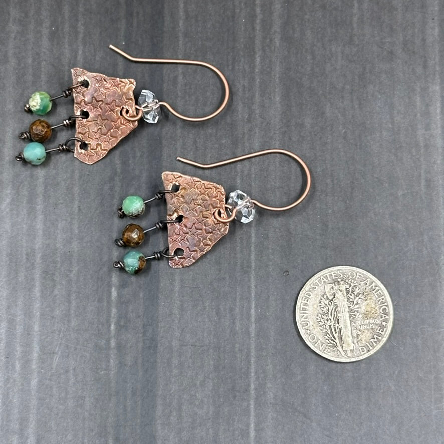 Copper Rustic Star Lightweight Earrings with Chrysoprase