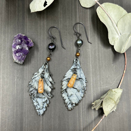 Aventurine, pearl, sterling silver, and leather feather earrings