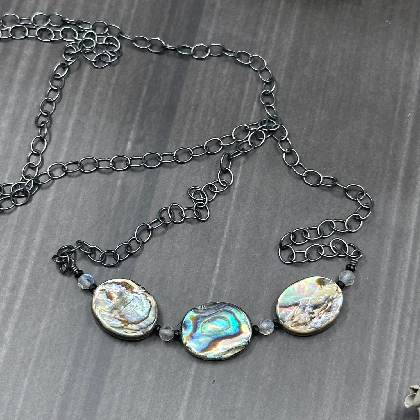 Abalone, Black Spinel, and Labradorite Sterling silver necklace
