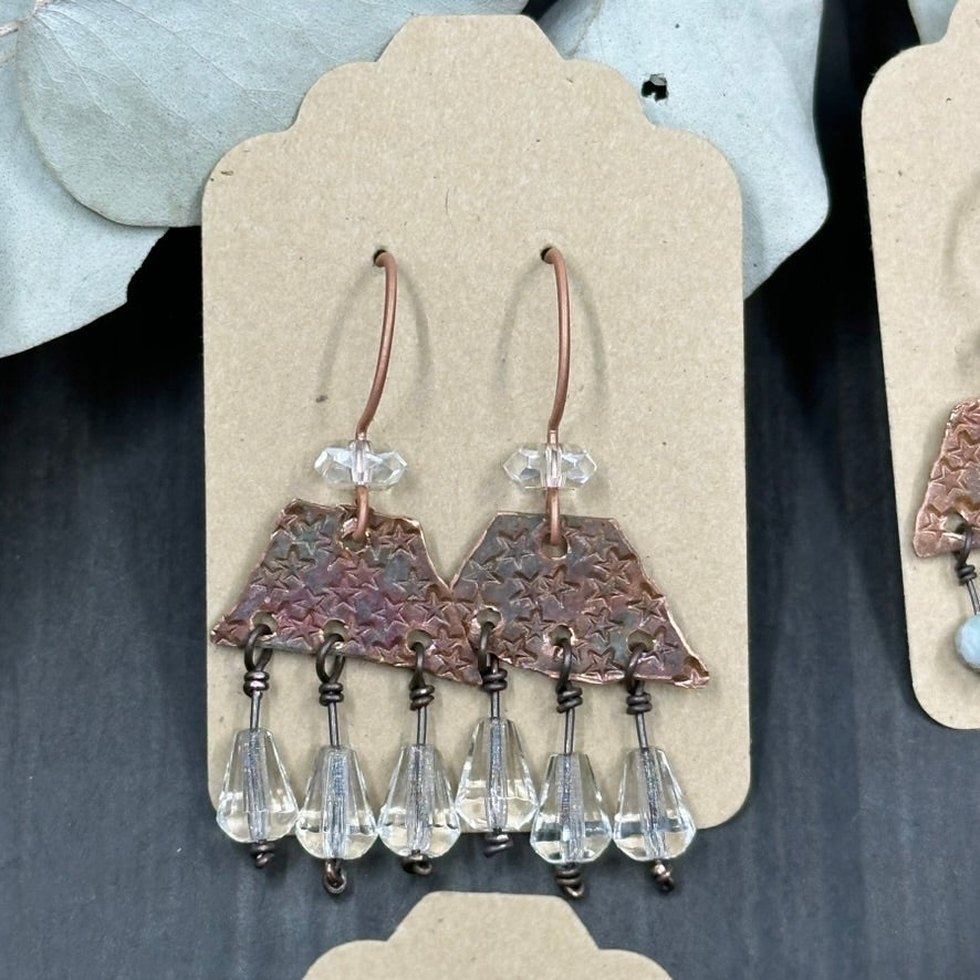 Copper Rustic Star Lightweight Earrings with Czech Glass