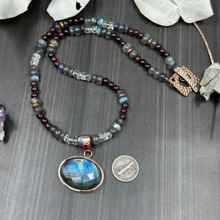 Labradorite, Garnet, and Prasiolite Necklace in Copper