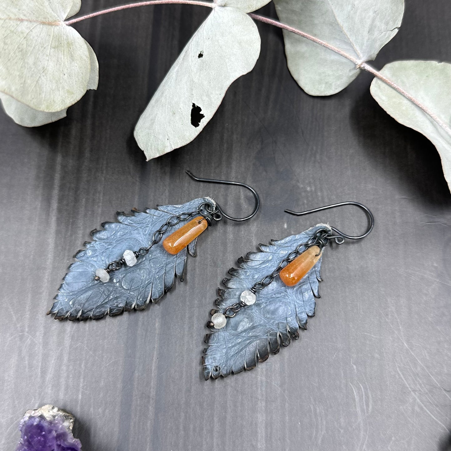 Aventurine, Rainbow Moonstone, Leather Feathers and sterling silver earrings