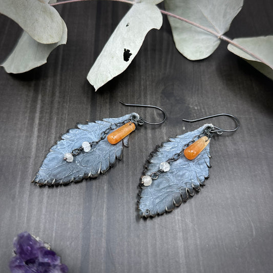 Aventurine, Rainbow Moonstone, Leather Feathers and sterling silver earrings