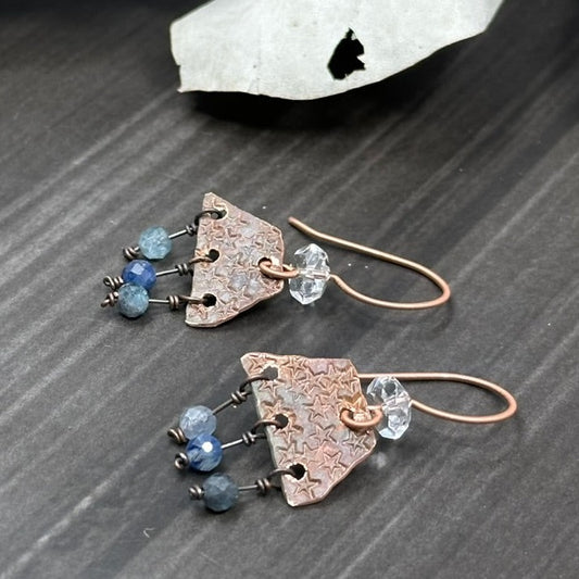 Copper Rustic Star Lightweight Earrings with Blue Kyanite
