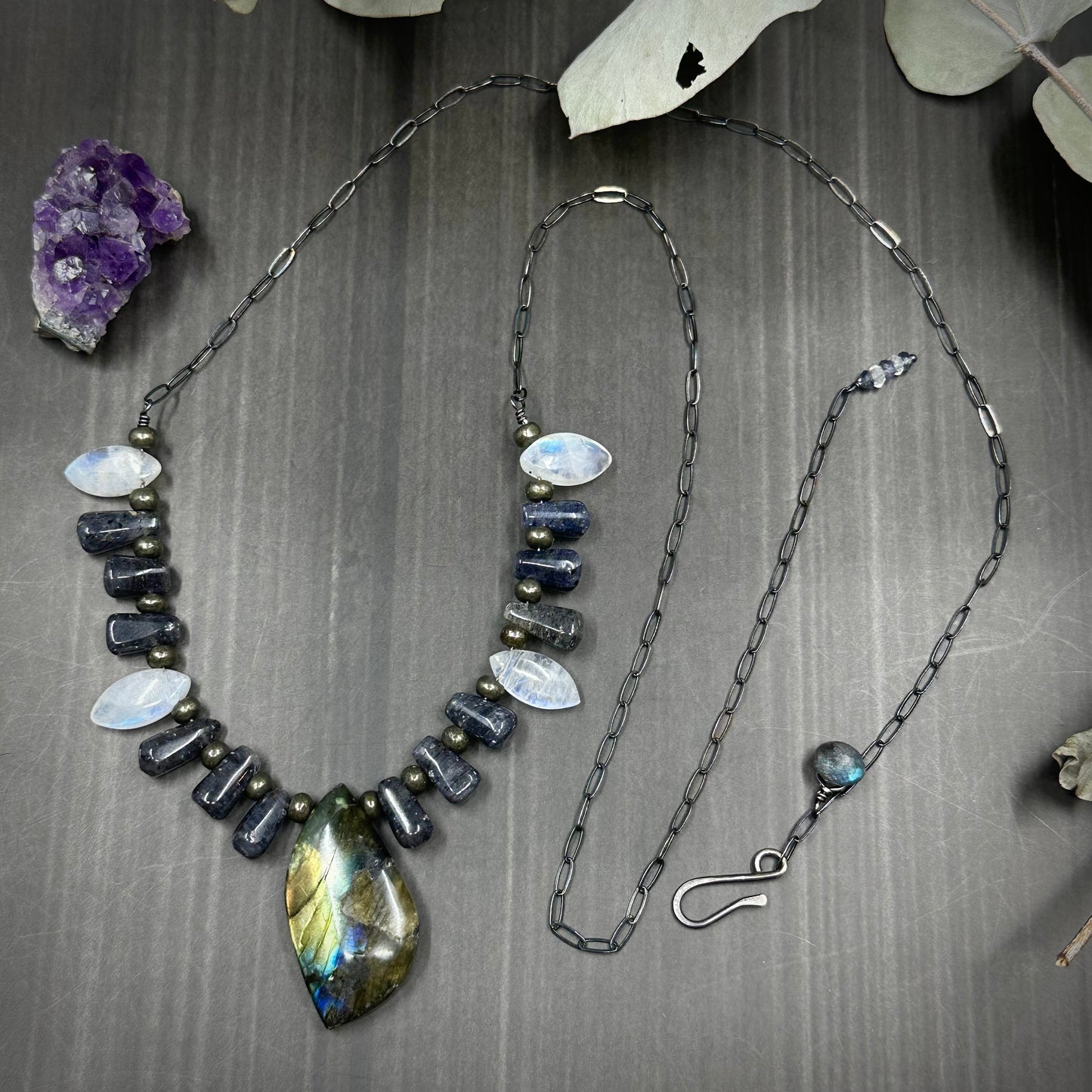 Rainbow moonstone, labradorite, iolite, pyrite, and sterling silver necklace