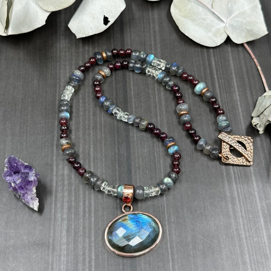Labradorite, Garnet, and Prasiolite Necklace in Copper