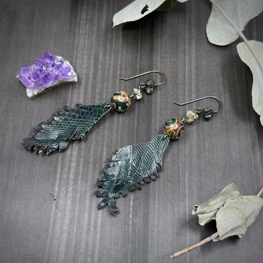 Dark Green Mystical Leather Feather Earrings