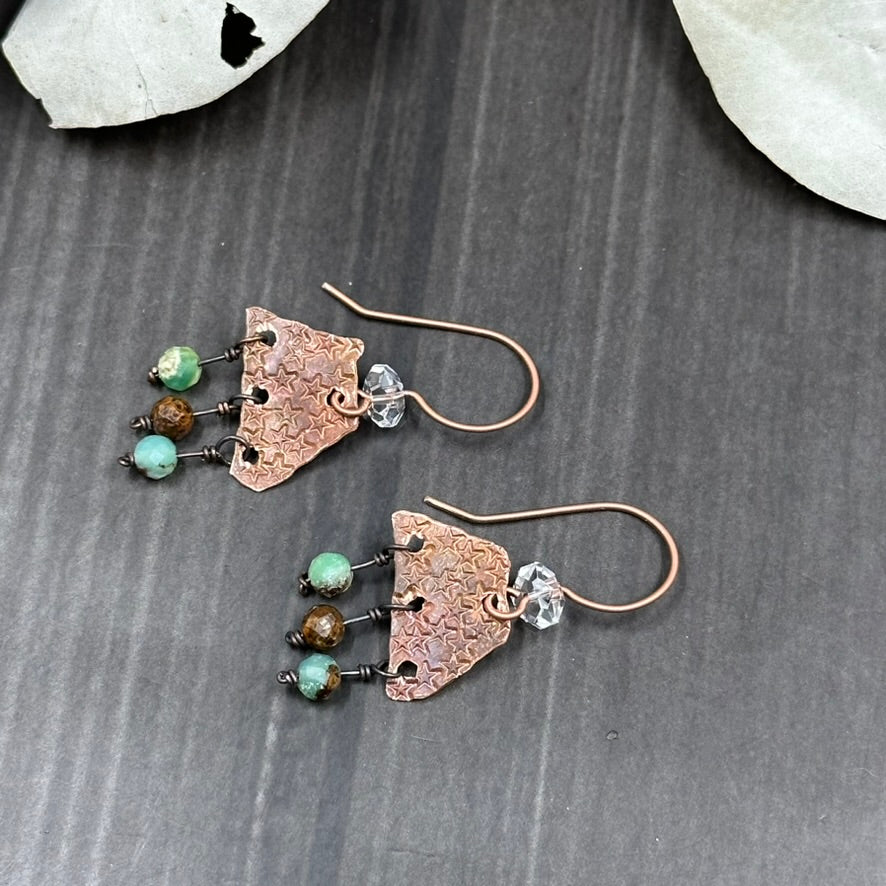 Copper Rustic Star Lightweight Earrings with Chrysoprase