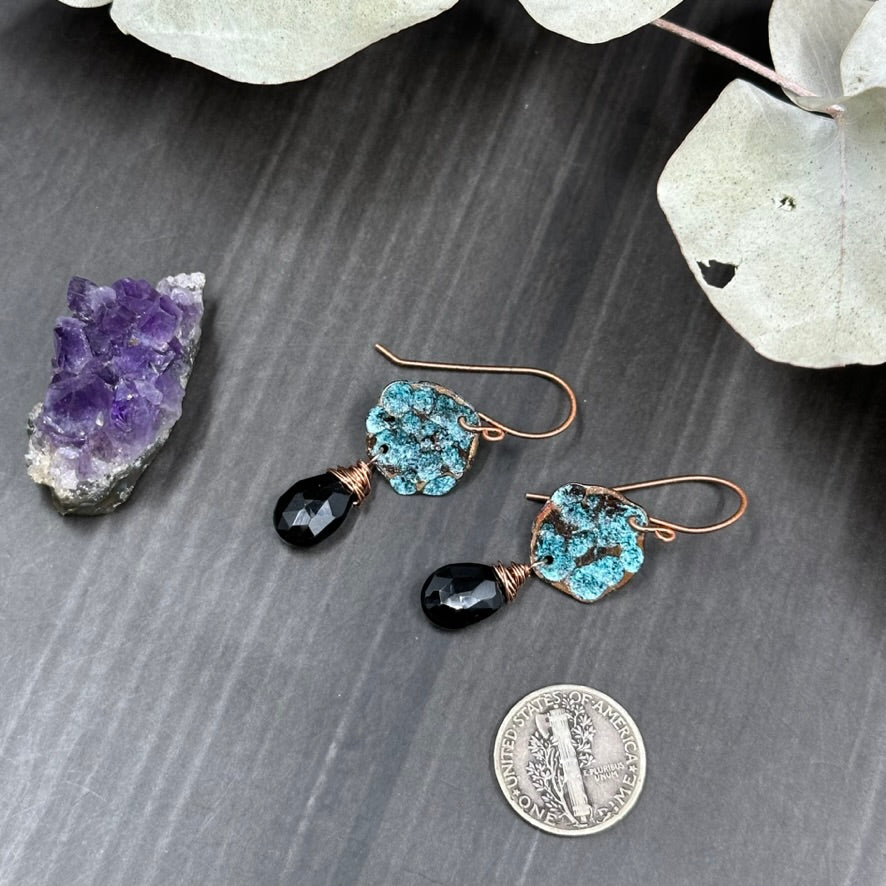 Copper blue moon earrings with black spinel