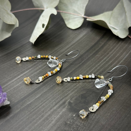 Pietersite, Herkimer Quartz and Sterling Silver Earrings