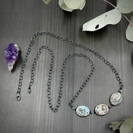 Abalone, Black Spinel, and Labradorite Sterling silver necklace