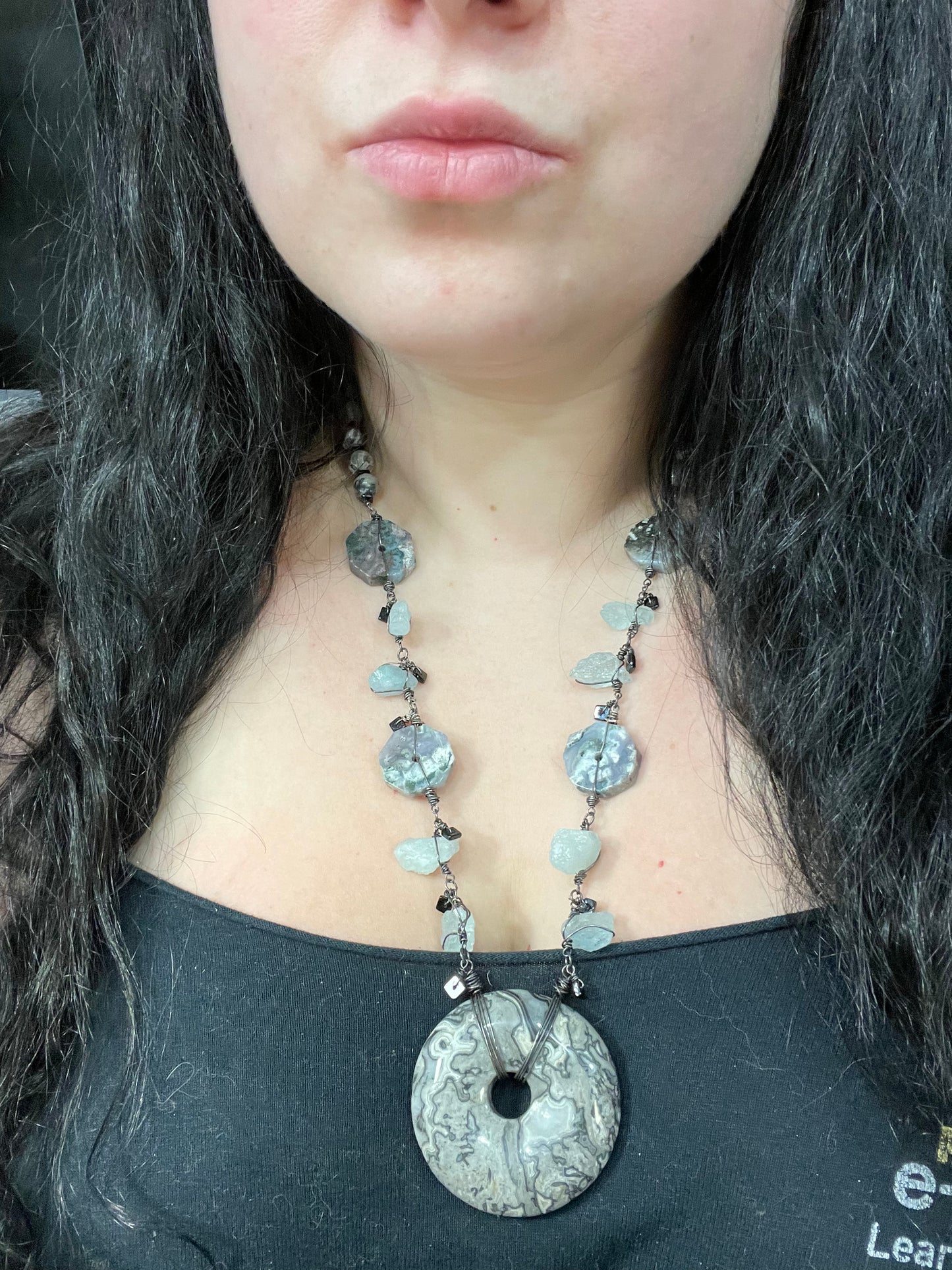 Raw Aquamarine, Ocean Jasper, Scenery Jasper, and Black Spinel Necklace