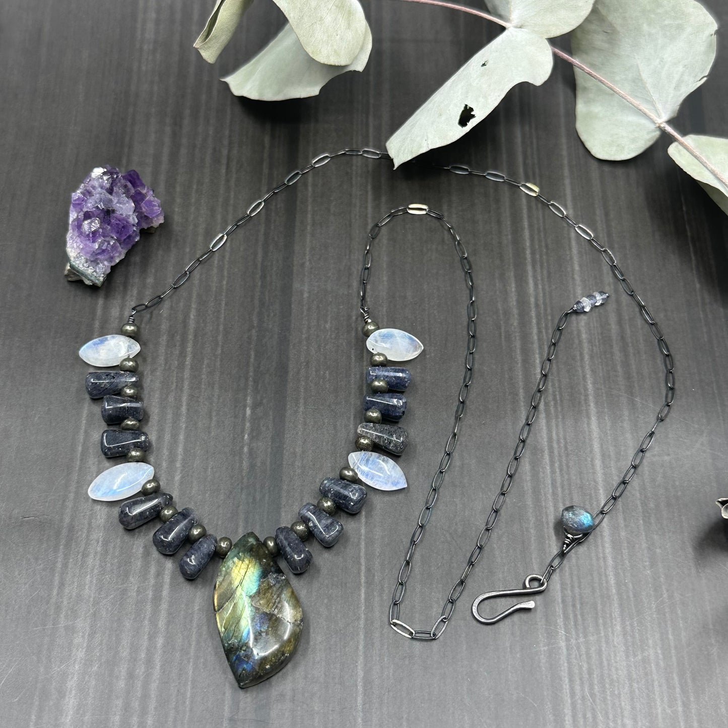 Rainbow moonstone, labradorite, iolite, pyrite, and sterling silver necklace