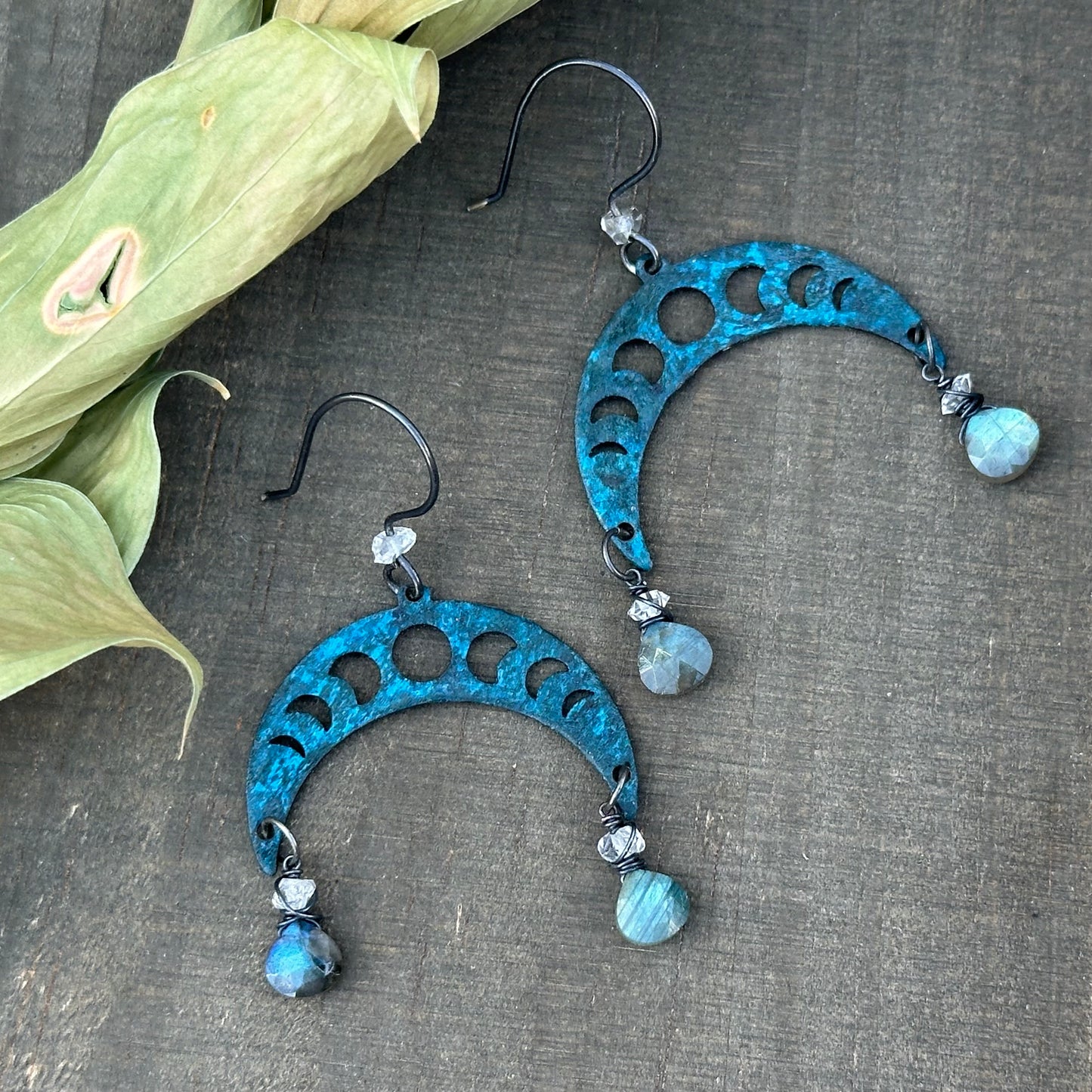Moon phases Copper Earrings with Sterling Earwires, Labradorite, and Quartz diamonds