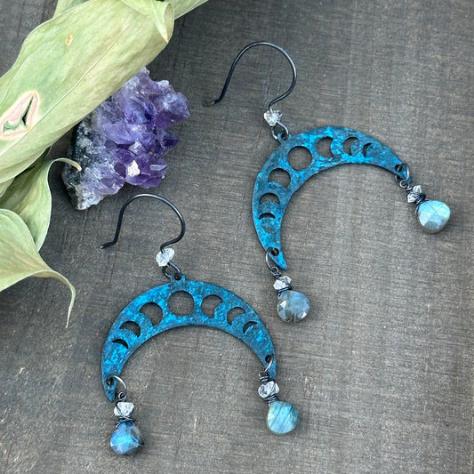 Moon phases Copper Earrings with Sterling Earwires, Labradorite, and Quartz diamonds