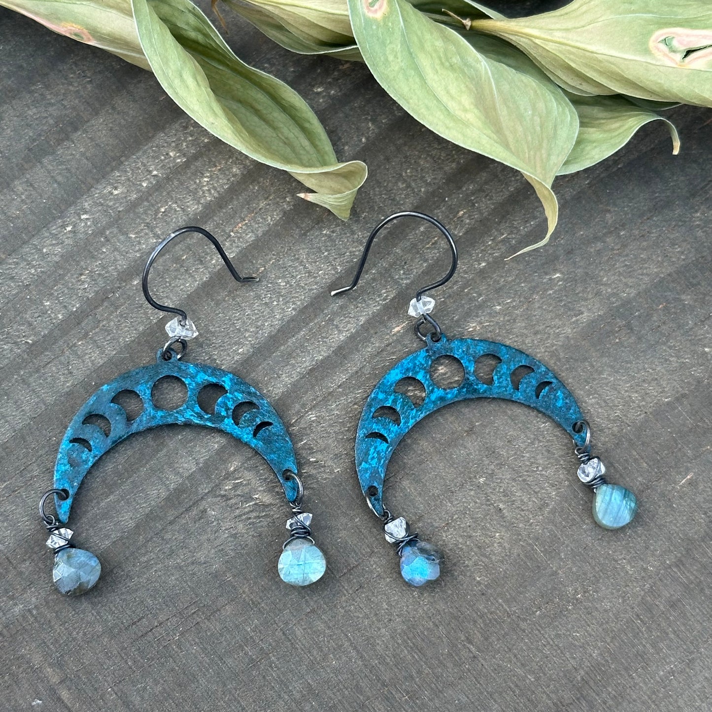 Moon phases Copper Earrings with Sterling Earwires, Labradorite, and Quartz diamonds