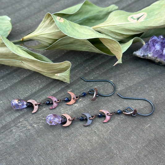 Copper moon beam earrings with sapphires and sterling earwires.