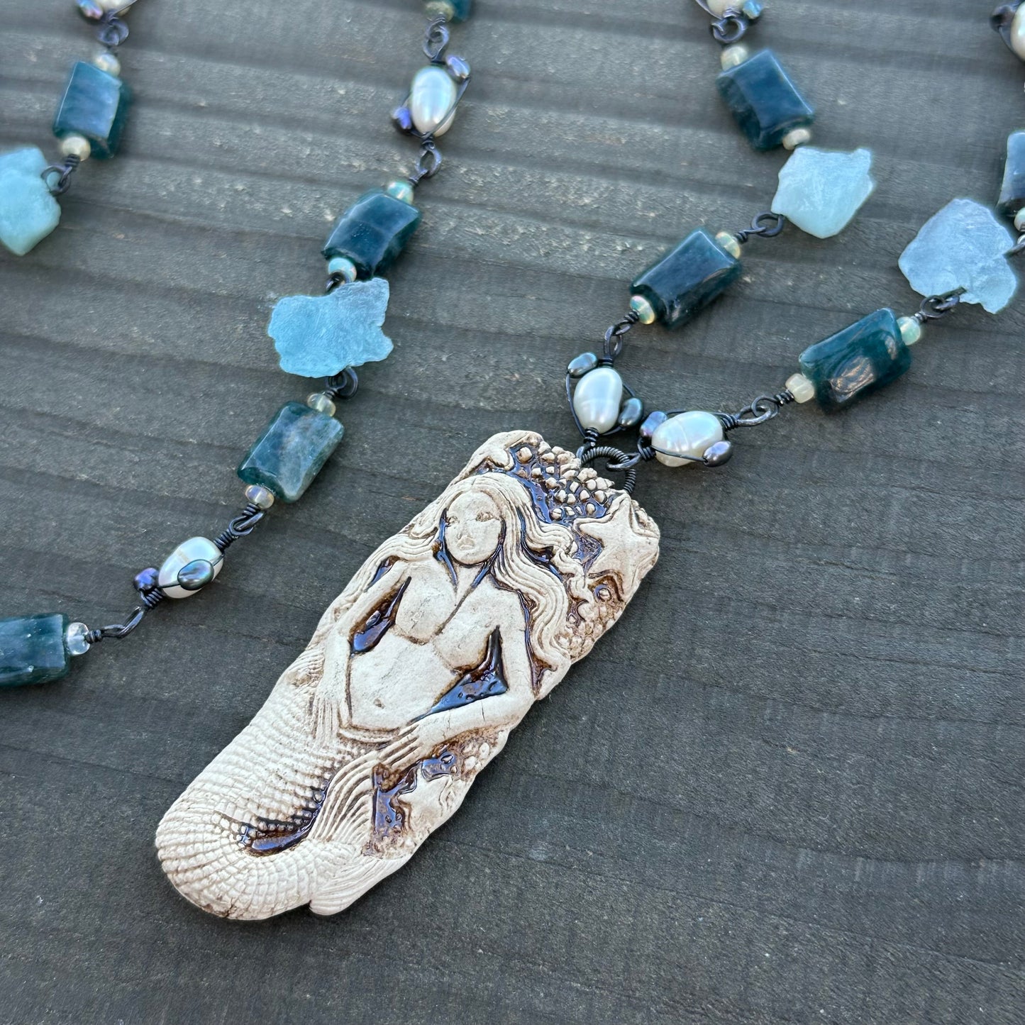 Apatite, Opal, Pearl, Aquamarine, and Ceramic Necklace