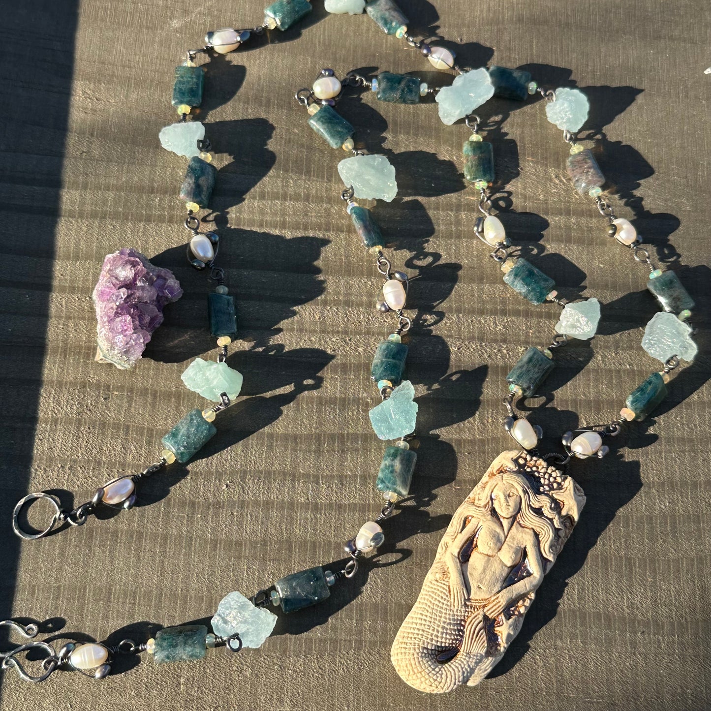 Apatite, Opal, Pearl, Aquamarine, and Ceramic Necklace