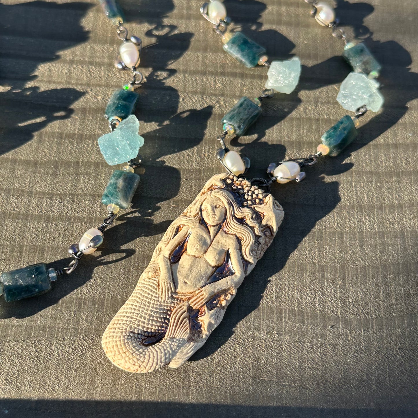 Apatite, Opal, Pearl, Aquamarine, and Ceramic Necklace