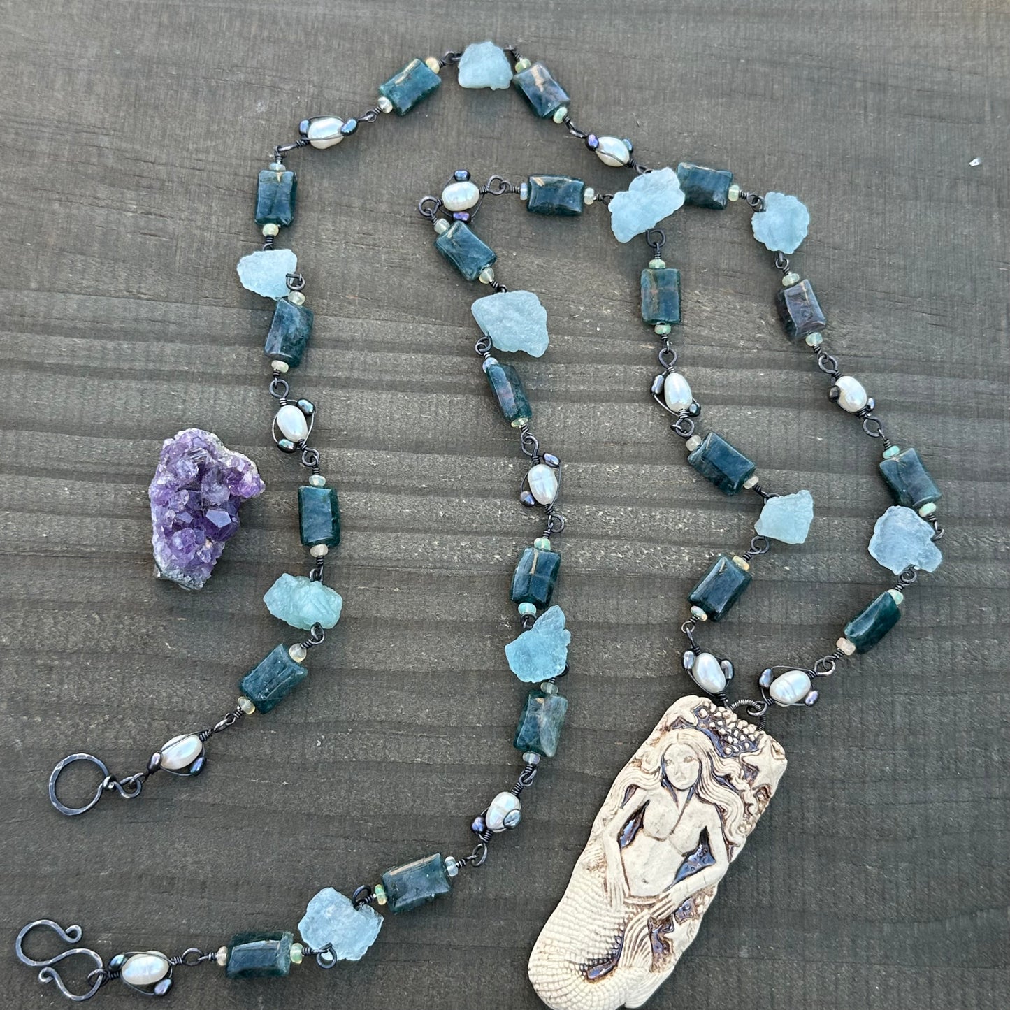 Apatite, Opal, Pearl, Aquamarine, and Ceramic Necklace