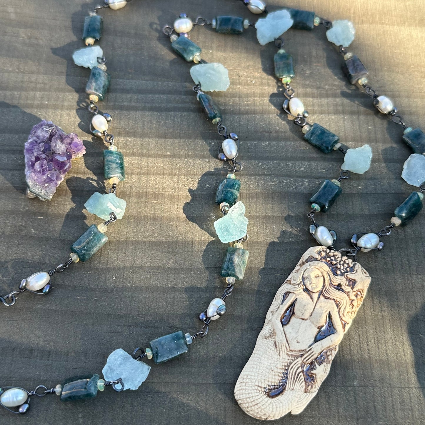 Apatite, Opal, Pearl, Aquamarine, and Ceramic Necklace