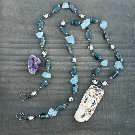Apatite, Opal, Pearl, Aquamarine, and Ceramic Necklace