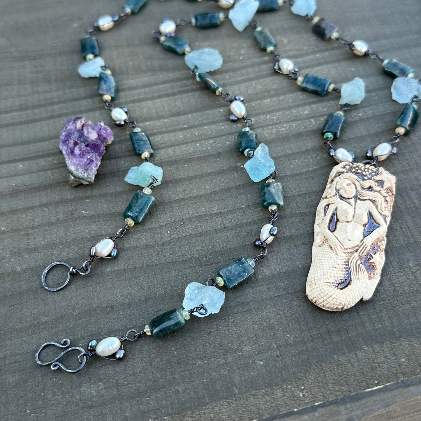 Apatite, Opal, Pearl, Aquamarine, and Ceramic Necklace