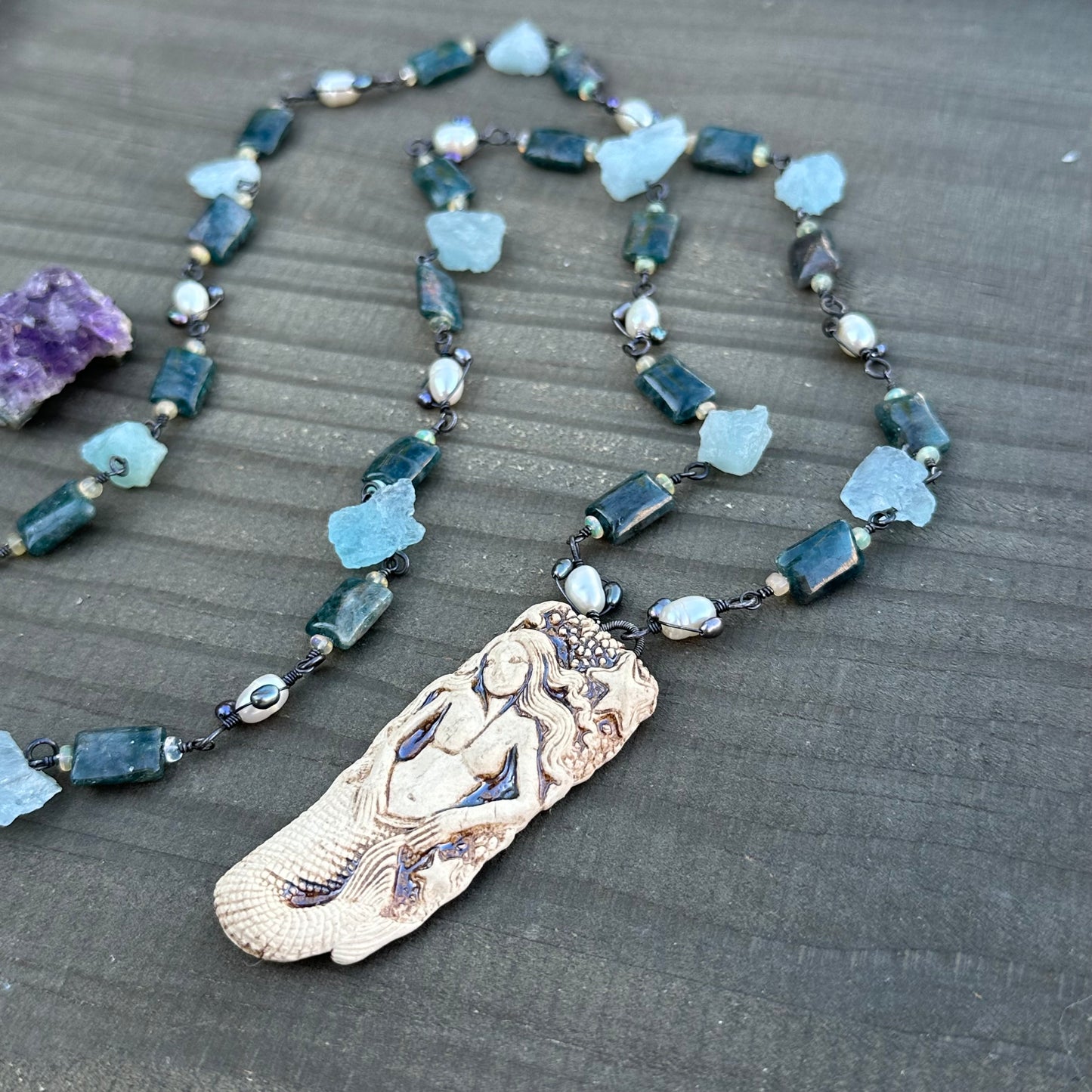 Apatite, Opal, Pearl, Aquamarine, and Ceramic Necklace