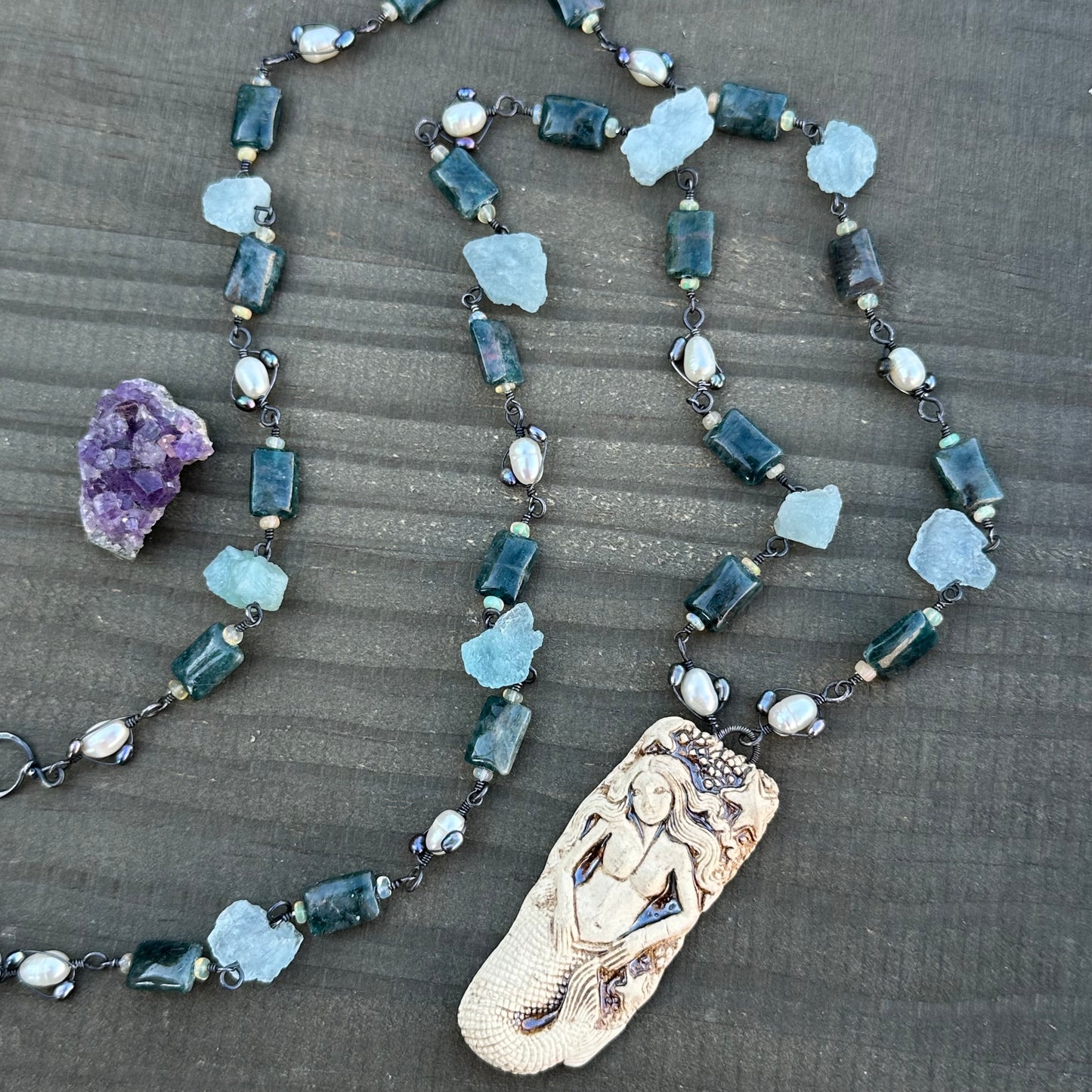 Apatite, Opal, Pearl, Aquamarine, and Ceramic Necklace