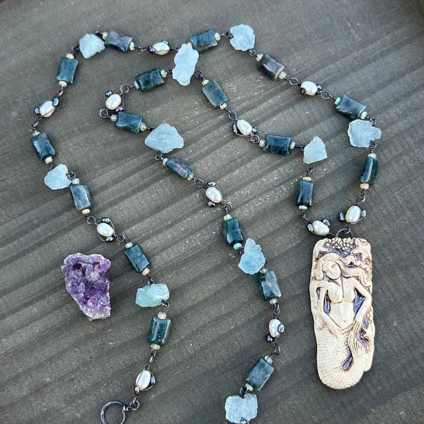 Apatite, Opal, Pearl, Aquamarine, and Ceramic Necklace