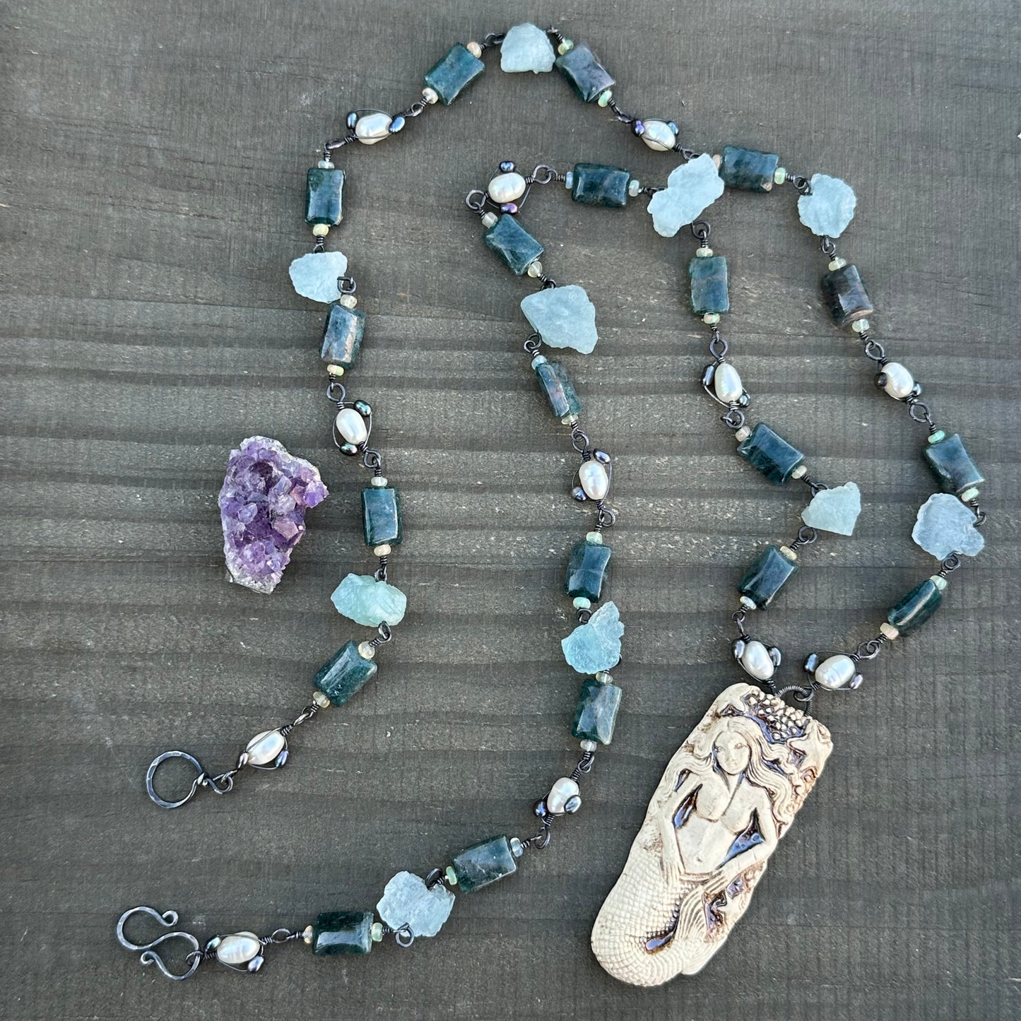 Apatite, Opal, Pearl, Aquamarine, and Ceramic Necklace