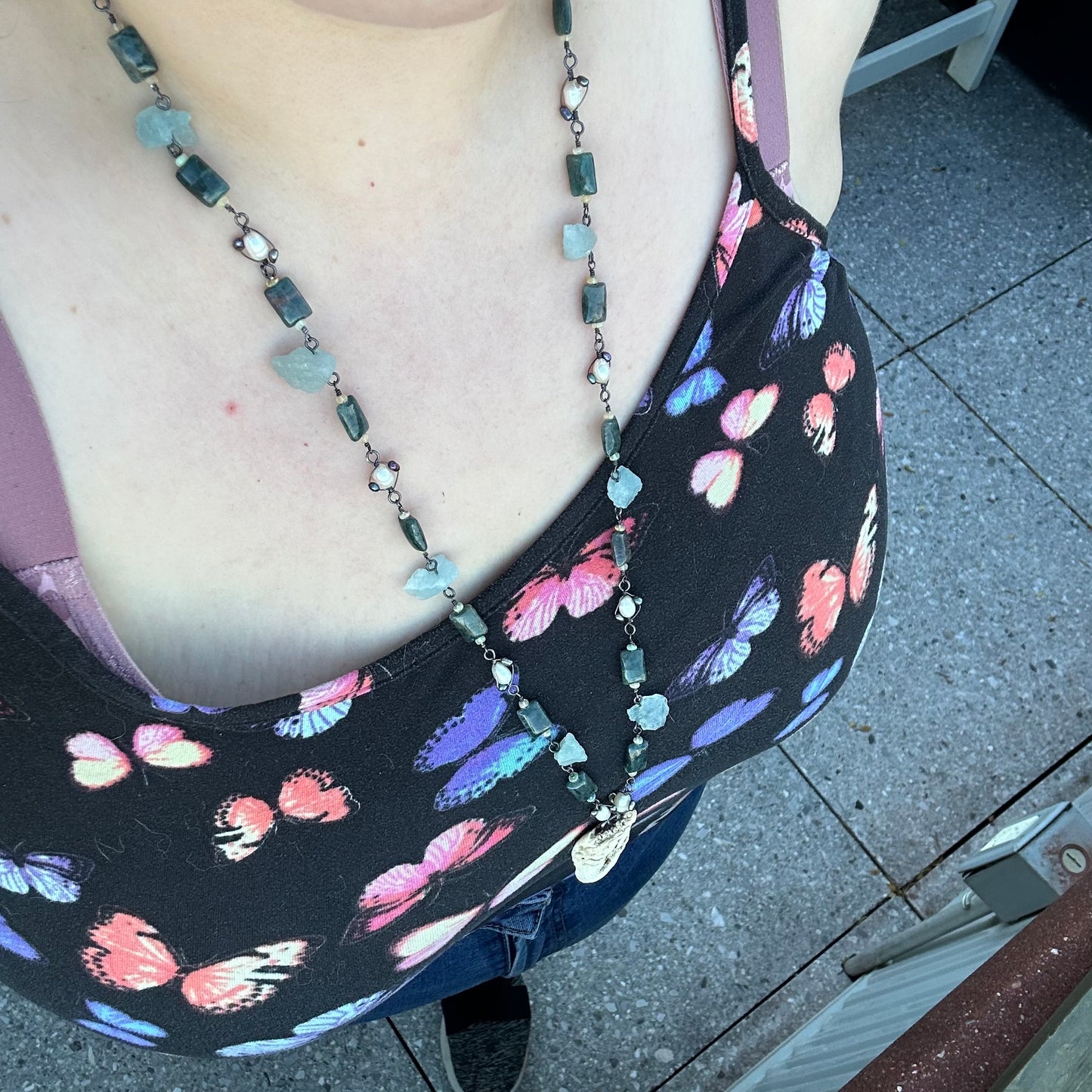 Apatite, Opal, Pearl, Aquamarine, and Ceramic Necklace