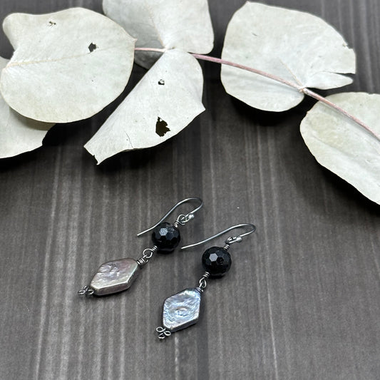 Freshwater pearl and black spinel sterling silver earrings