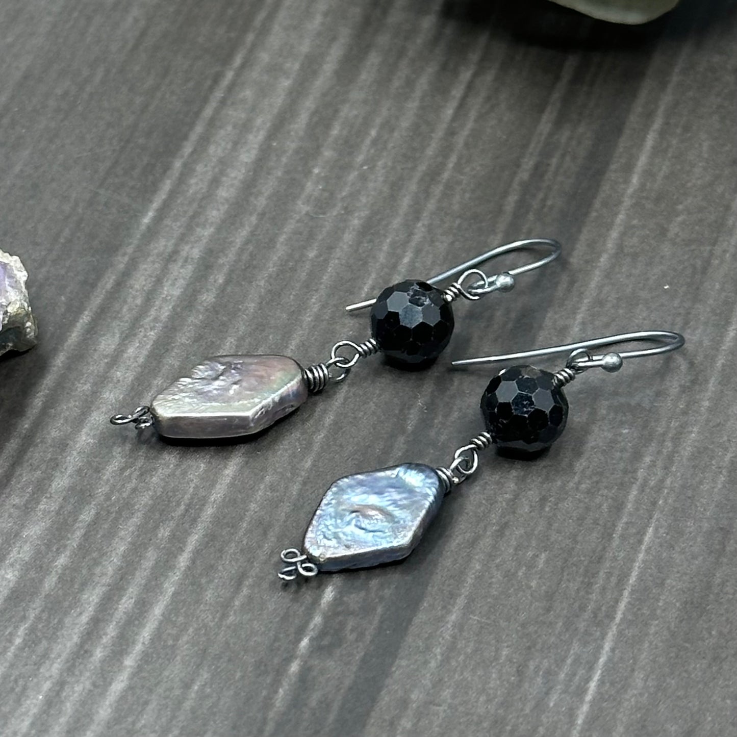 Freshwater pearl and black spinel sterling silver earrings